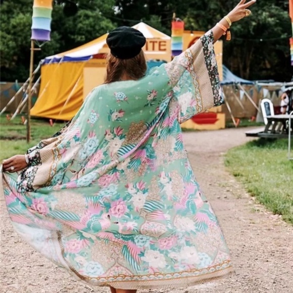 🎀 KIMONO ROBE CARDIGAN DUSTER  BOHO CHIC FLORAL KAFTAN CLOUD PASTEL FLOWER BELT - Picture 3 of 15